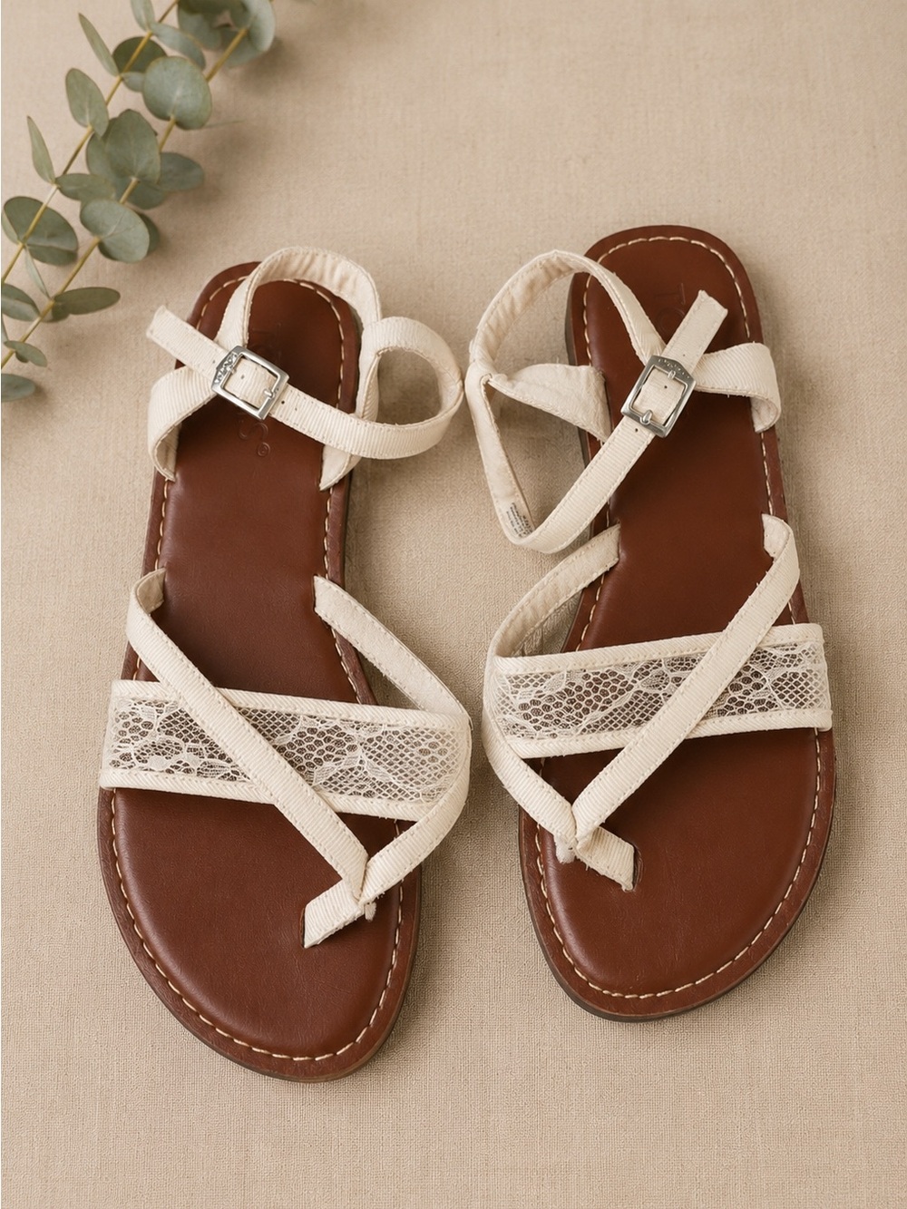 Toms Beige Lace-Strap Leather Footbed Sandals